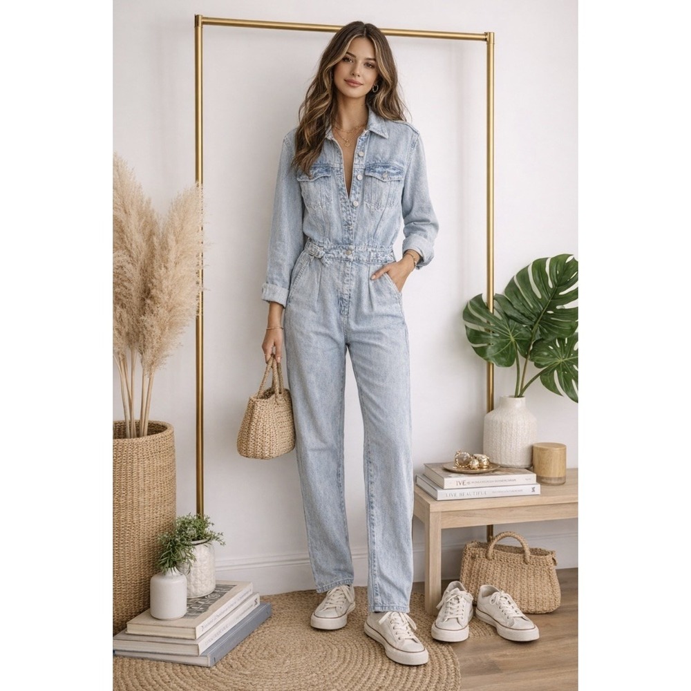 7 For All Mankind Denim Lustre Balloon Sleeve Isadora Jumpsuit Size Small